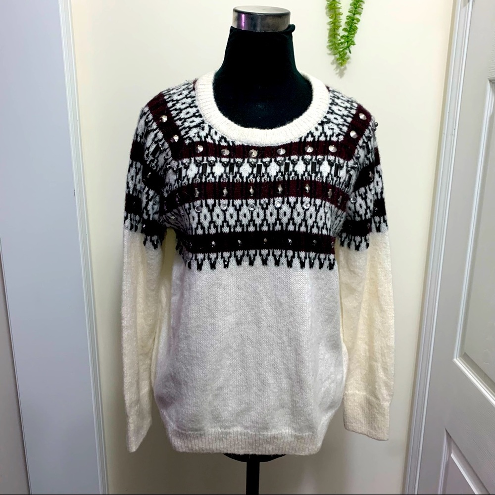 H&M Minimalist Warm Cozy 7% Wool Aztec Rhinestone Detailing Crew-Neck Sweater